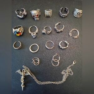 Halloween Themed Silver Rings with Gemstones and Intricate Designs